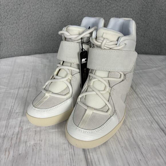 Sorel Womens sz 7 Out N About Hidden Wedge Leather Sneaker Bootie White Sea Salt - Picture 1 of 16
